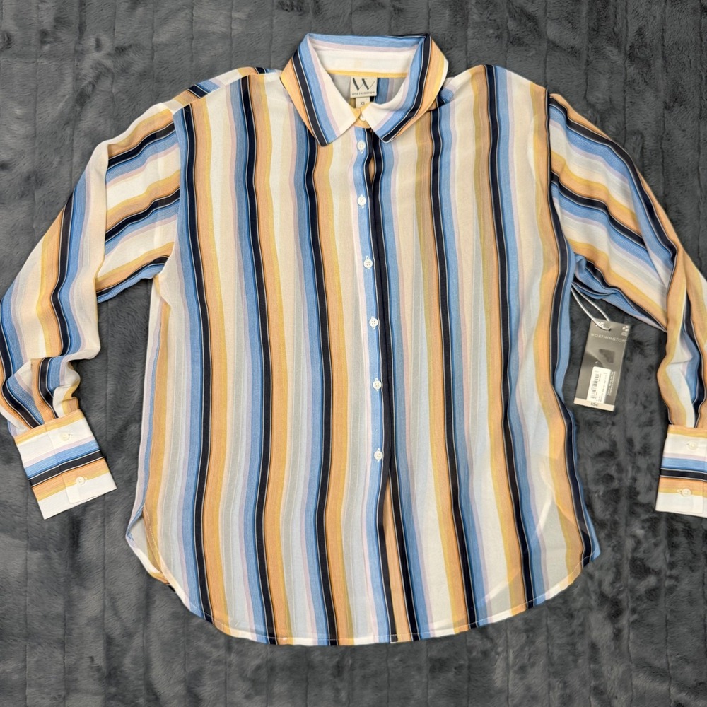 Worthington Womens Blue Orange Ombre Stripe Button Down Blouse XS FA23WOR4059A